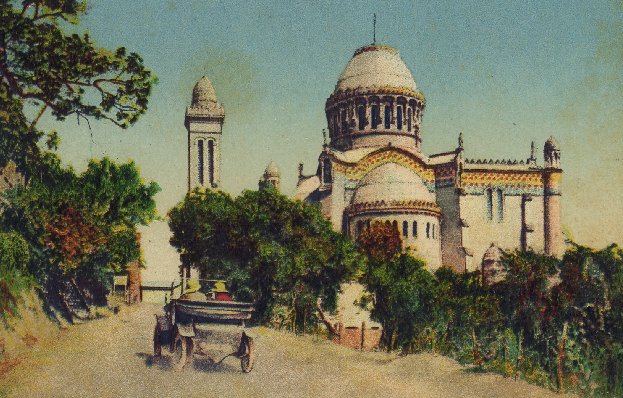 Oude prent van de Basiliek van Onze Lieve Vrouw van Afrika te Algiers